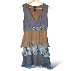 SAOPAULO 100% Silk Fully Lined Sleeveless Tiered Vee Neck Mini Dress US Sz 4